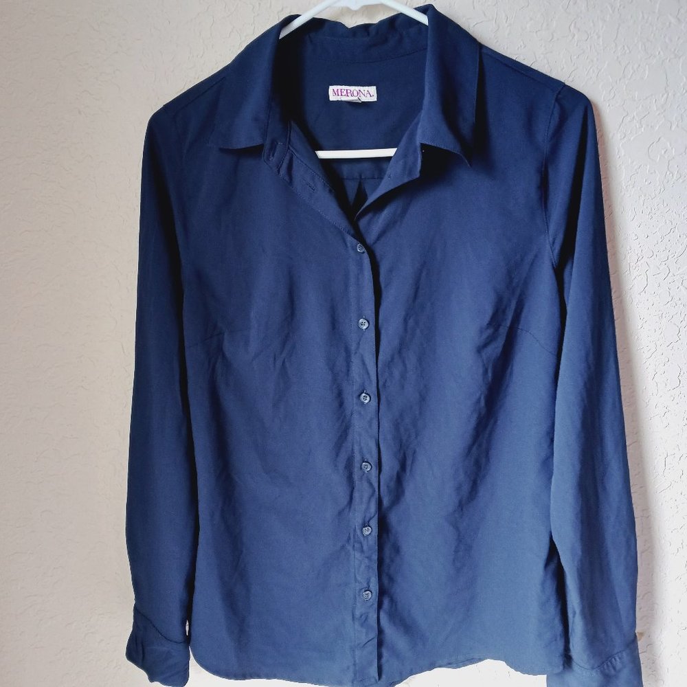 Merona navy blue, long sleeve, button down collared shirt.